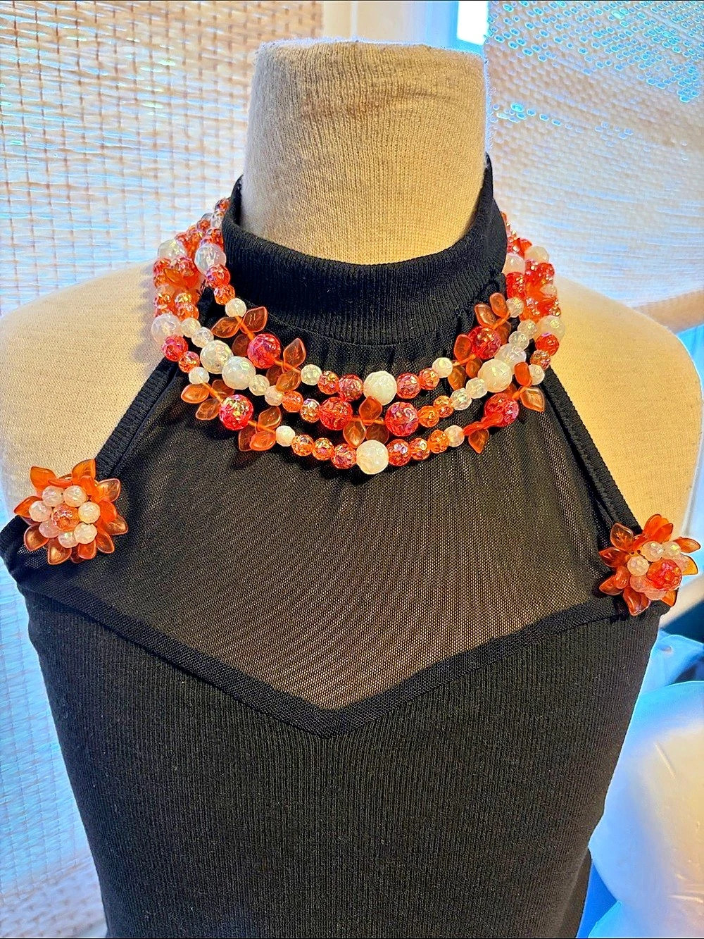 Miriam Haskell Orange & White Beaded Statement Necklace and matching Clip on Ear